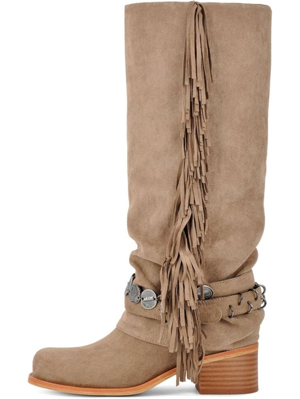 đ˘Women's Sandy Knee High Boots Fringes Buckle Straps Chunky Heel Square Toe - Picture 4 of 5